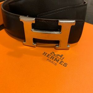 Hermes black/brown leather belt with silver buckle